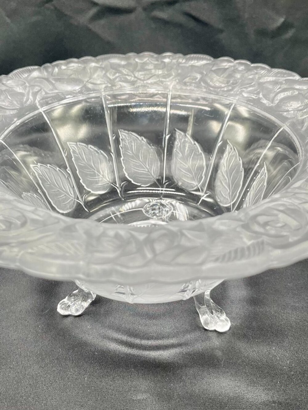Vintage Frosted Crystal Rose Pattern Footed Bowl